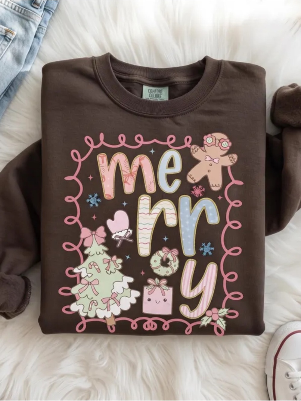 Comfort Colors Kids 'Merry' Graphic Sweatshirt - Brown with Pastel Print